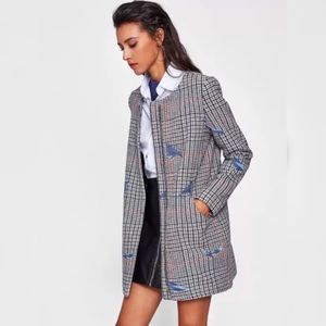 🍁FALL SALE🍁 Bird Embroidered Zip Plaid Coat